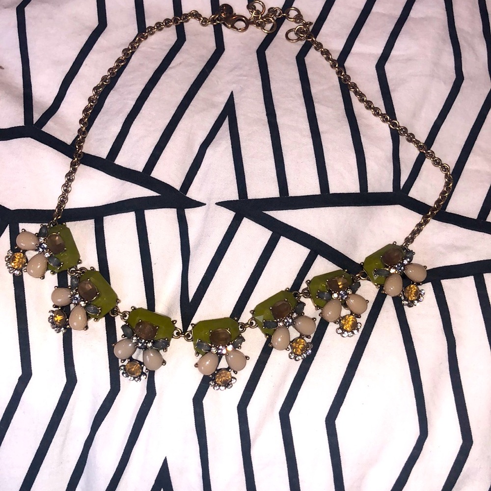 JCrew necklace. Green/amber/ivory gems. gold chain